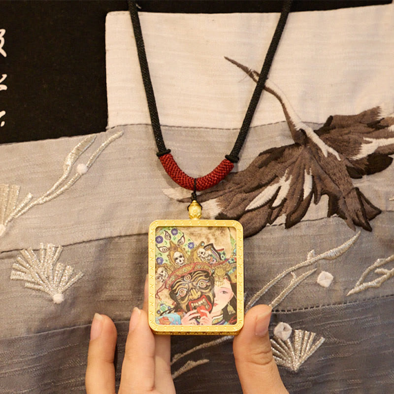 Buddha Stones Tibetan Zakiram Nine-Tailed Fox Yellow God of Wealth Painted Thangka Hope Necklace Pendant