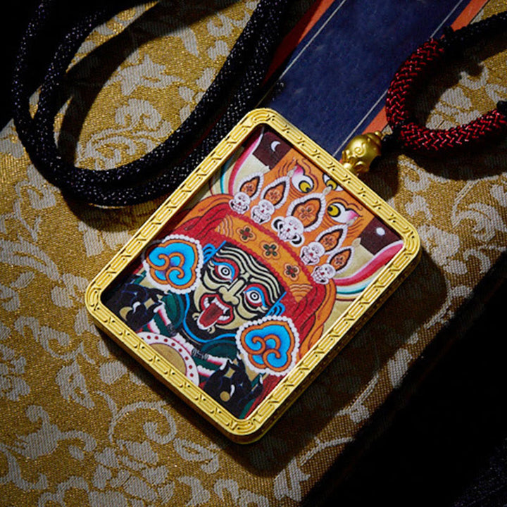 Buddha Stones Tibetan Zakiram Nine-Tailed Fox Yellow God of Wealth Painted Thangka Hope Necklace Pendant