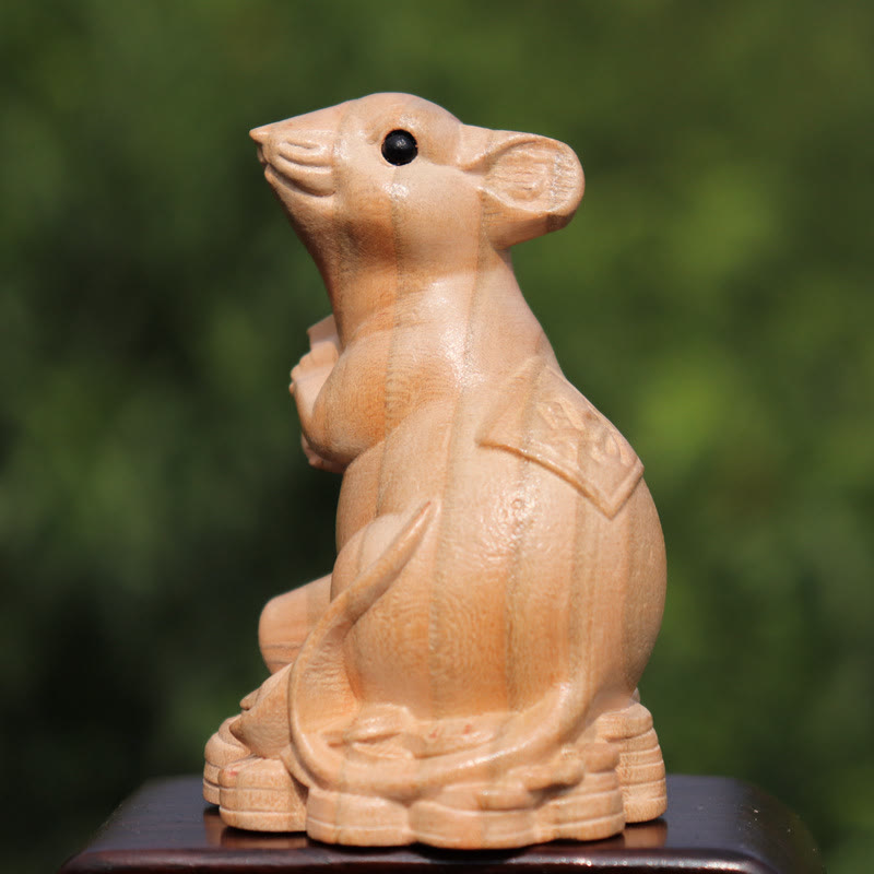 Buddha Stones Year Of The Snake Chinese Zodiac Fu Character Peach Wood Home Statue Decoration - Rat For Wealth - Height 11.5cm - image 4