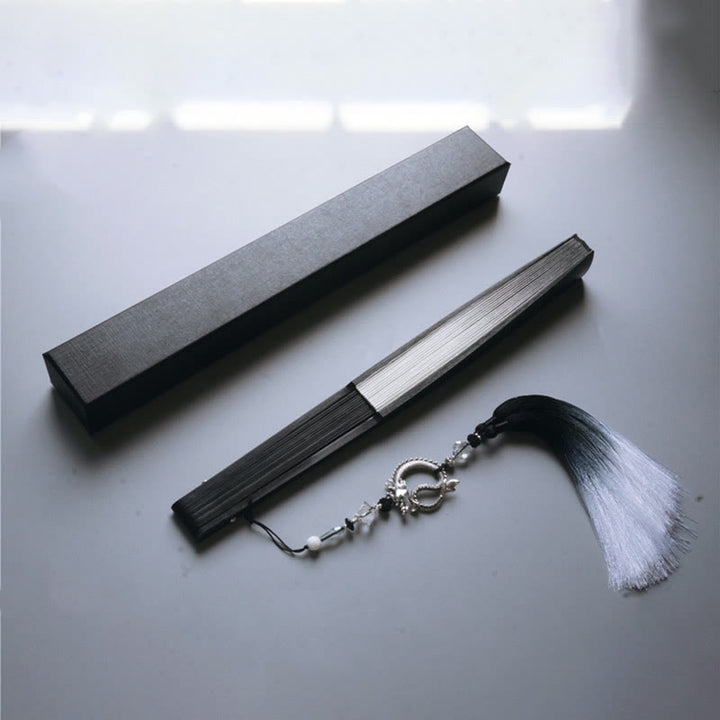 Buddha Stones Black White Ink Gradient Rice Paper Handheld Bamboo Folding Fan - Black White Ink Gradient 33cm-With Tassel&Brocade Box (Pre-Sale) - image 5