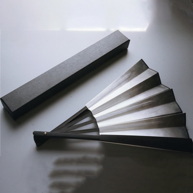 Buddha Stones Black White Ink Gradient Rice Paper Handheld Bamboo Folding Fan - Black White Ink Gradient 33cm-With Brocade Box (Pre-Sale) - image 1