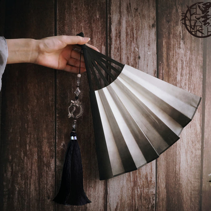 Buddha Stones Black White Ink Gradient Rice Paper Handheld Bamboo Folding Fan - image 14