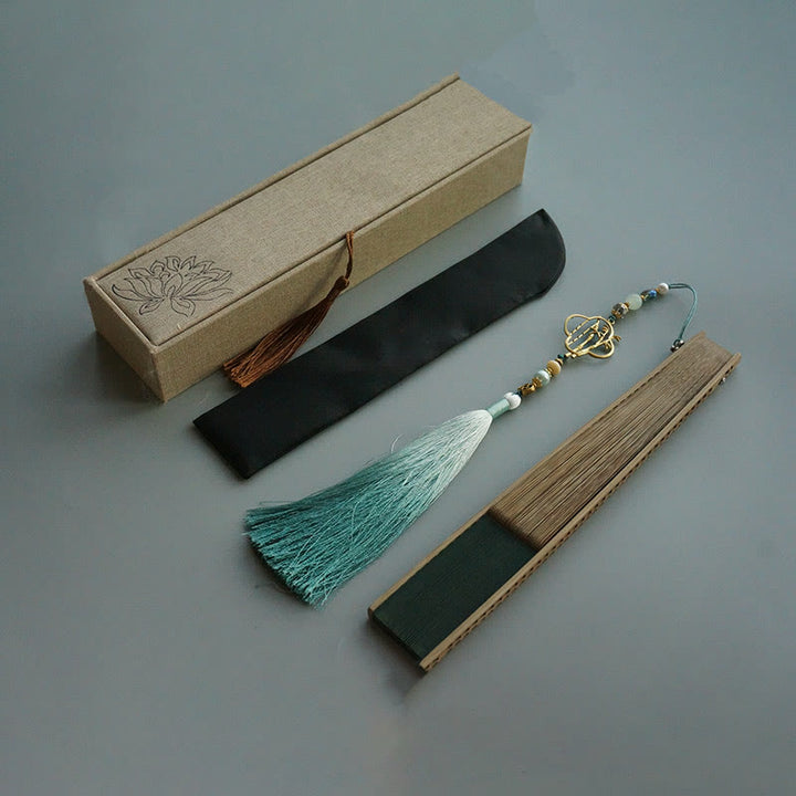 Buddha Stones Dark Green Tassel Hollow Rib Silk Handheld Bamboo Folding Fan - Dark Green 22cm-With Tassel&Brocade Box & Fan Cover (Pre-Sale) - image 7