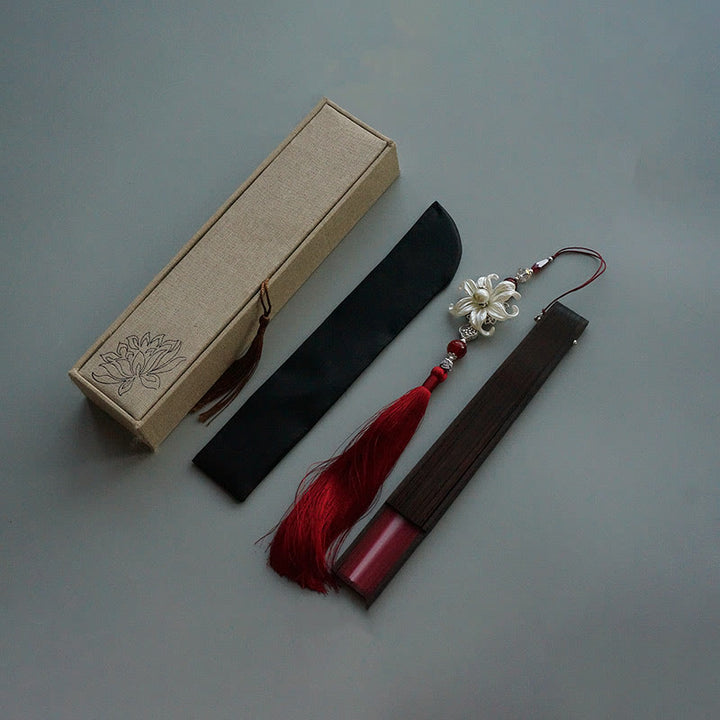 Buddha Stones Red Lily Tassel Hollow Rib Silk Handheld Bamboo Folding Fan - Red 22cm-With Tassel&Brocade Box & Fan Cover (Pre-Sale) - image 6