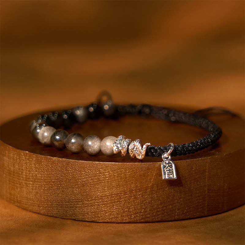 Buddha Stones Natural Strawberry Quartz Silver Sheen Obsidian Year of the Snake String Protection Braided Bracelet