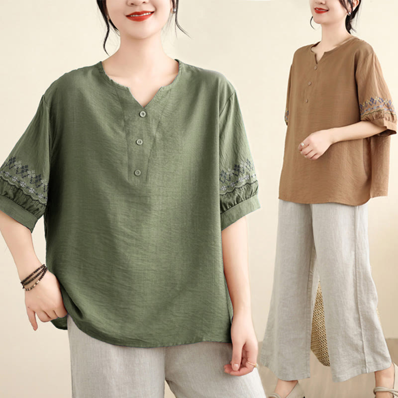 Buddha Stones Vintage Half Sleeve Embroidery Design Cotton Linen T-shirt Tee - image 3