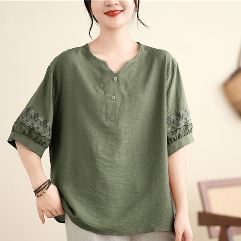 Buddha Stones Vintage Half Sleeve Embroidery Design Cotton Linen T-shirt Tee - image 1