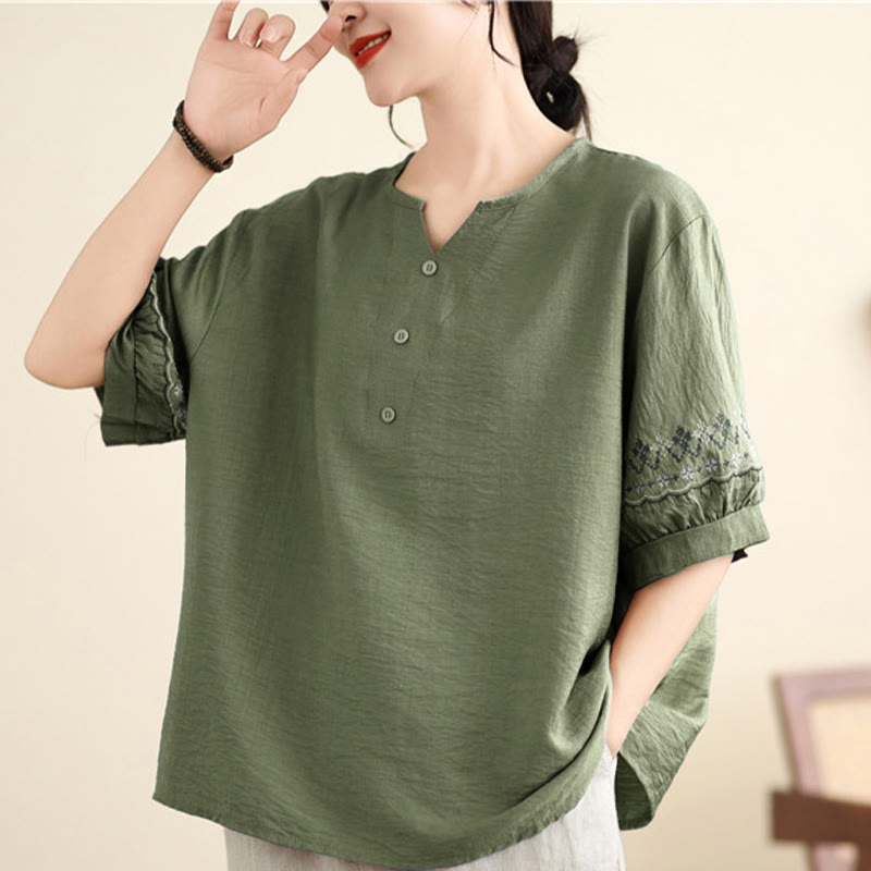 Buddha Stones Vintage Half Sleeve Embroidery Design Cotton Linen T-shirt Tee - image 2