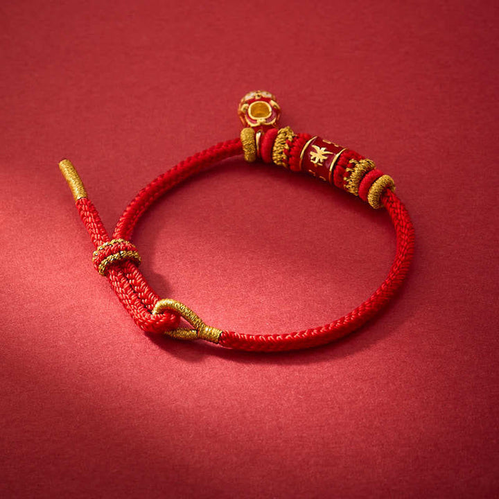 Buddha Stones Red String Gold Plated Copper Shi Lai Yun Zhuan Shoe Pendant Protection Braided Bracelet