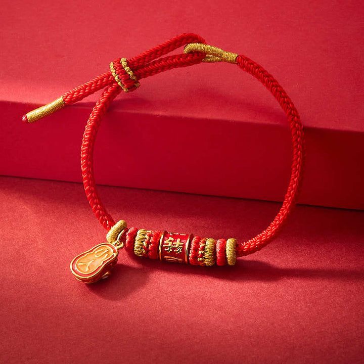 Buddha Stones Red String Gold Plated Copper Shi Lai Yun Zhuan Shoe Pendant Protection Braided Bracelet