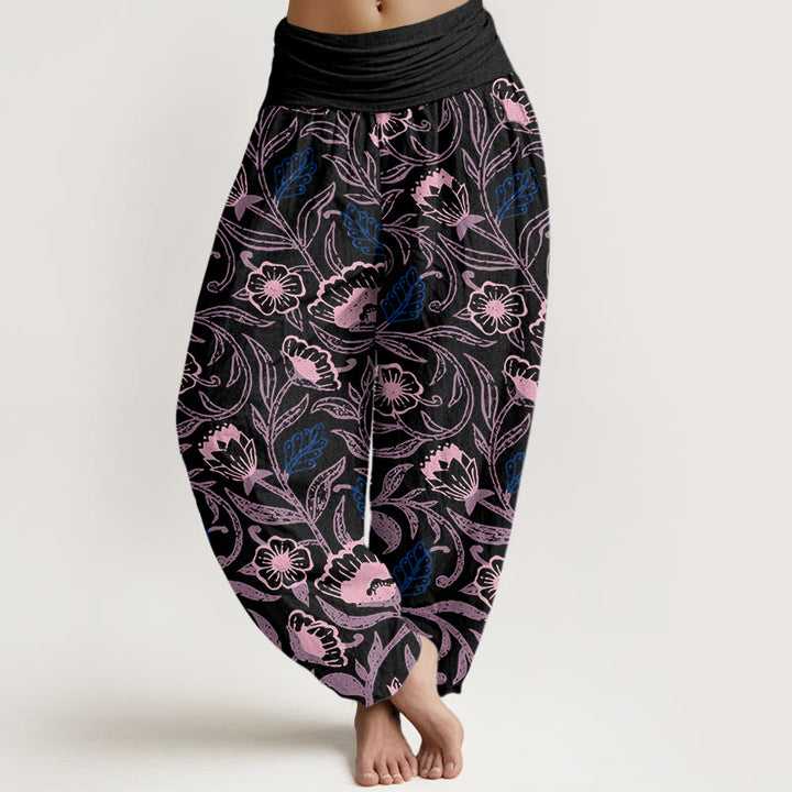 Buddha Stones Casual Tulips Flower Vines Design Women's Elastic Waist Harem Pants