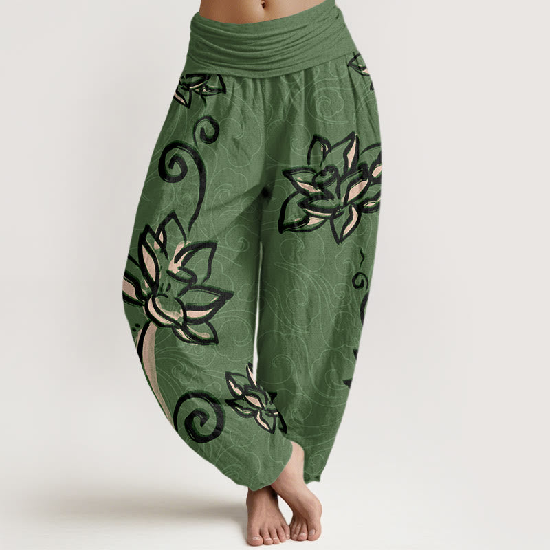 Buddha Stones Cotton Casual Lotus Auspicious Clouds Design Women's Elastic Waist Harem Pants - MediumSeaGreen - US22，UK/AU26，EU54 (6XL) - image 0