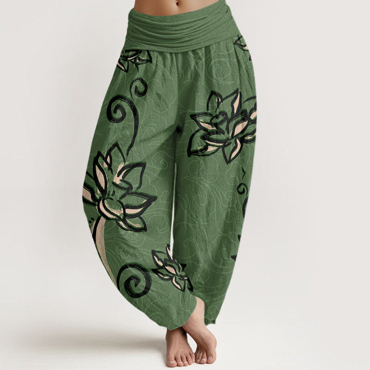 Buddha Stones Cotton Casual Lotus Auspicious Clouds Design Women's Elastic Waist Harem Pants - MediumSeaGreen - US22，UK/AU26，EU54 (6XL) - image 0