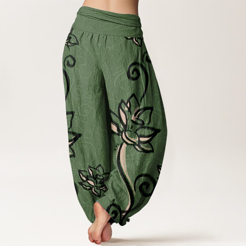 Buddha Stones Cotton Casual Lotus Auspicious Clouds Design Women's Elastic Waist Harem Pants - image 1