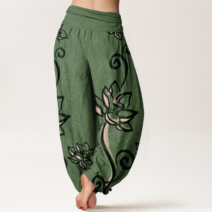 Buddha Stones Cotton Casual Lotus Auspicious Clouds Design Women's Elastic Waist Harem Pants - image 1