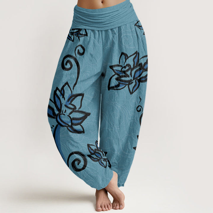 Buddha Stones Casual Lotus Auspicious Clouds Design Women's Elastic Waist Harem Pants - MediumTurquoise - US22，UK/AU26，EU54 (6XL) - image 4