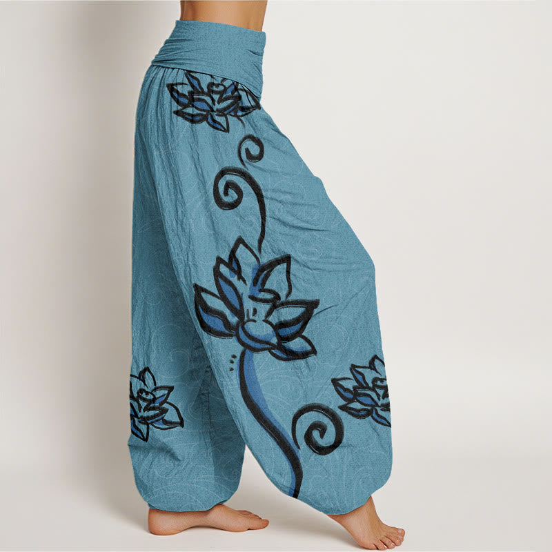 Buddha Stones Casual Lotus Auspicious Clouds Design Women's Elastic Waist Harem Pants