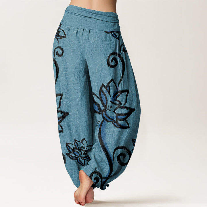 Buddha Stones Cotton Casual Lotus Auspicious Clouds Design Women's Elastic Waist Harem Pants - image 5