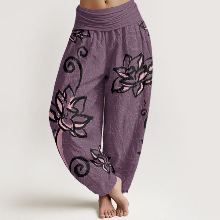 Buddha Stones Casual Lotus Auspicious Clouds Design Women's Elastic Waist Harem Pants