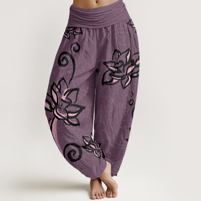 Buddha Stones Cotton Casual Lotus Auspicious Clouds Design Women's Elastic Waist Harem Pants - DarkMagenta - US22，UK/AU26，EU54 (6XL) - image 7