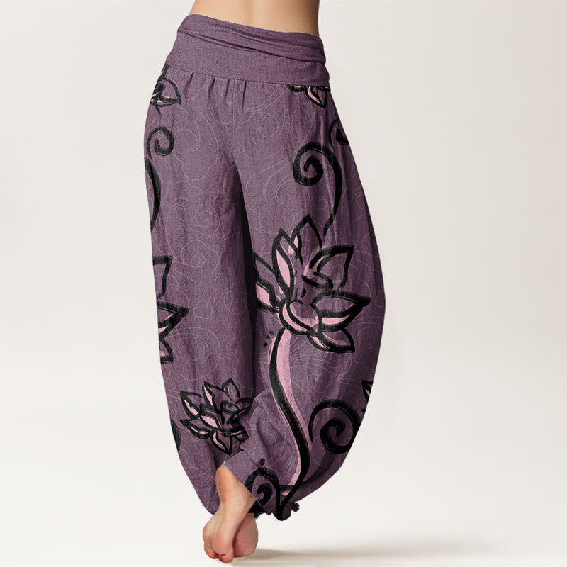 Buddha Stones Cotton Casual Lotus Auspicious Clouds Design Women's Elastic Waist Harem Pants - image 8