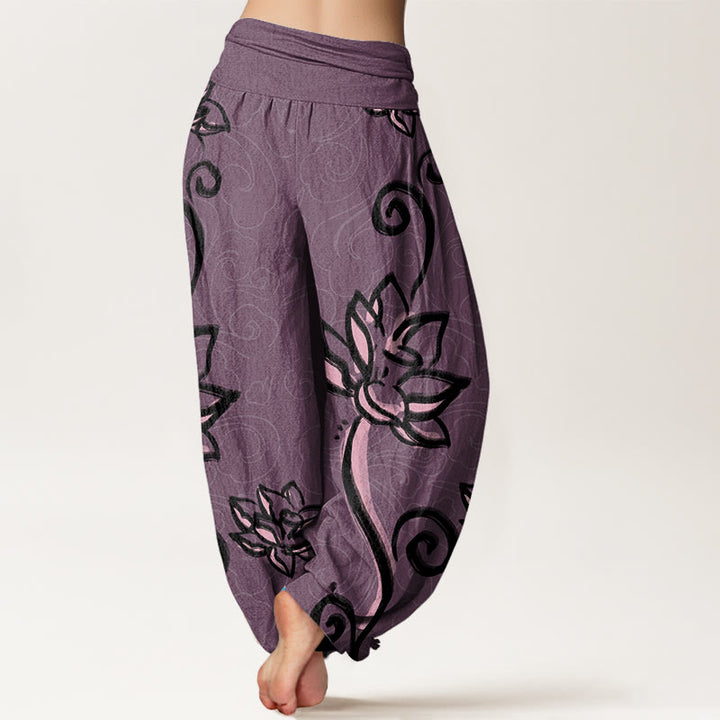 Buddha Stones Cotton Casual Lotus Auspicious Clouds Design Women's Elastic Waist Harem Pants - image 8