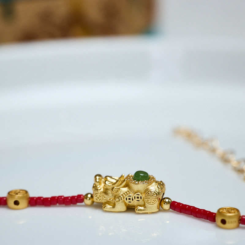 Buddha Stones 24k Gold Plated 925 Sterling Silver Liuli Glass Bead PiXiu Four Leaf Clover Joy And Happiness Wealth Bracelet