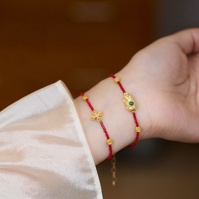 Buddha Stones 24k Gold Plated 925 Sterling Silver Liuli Glass Bead PiXiu Four Leaf Clover Joy And Happiness Wealth Bracelet - 24k Gold Plated 925 Sterling Silver Liuli Clover(Wrist Circumference: 14-16cm) - image 0