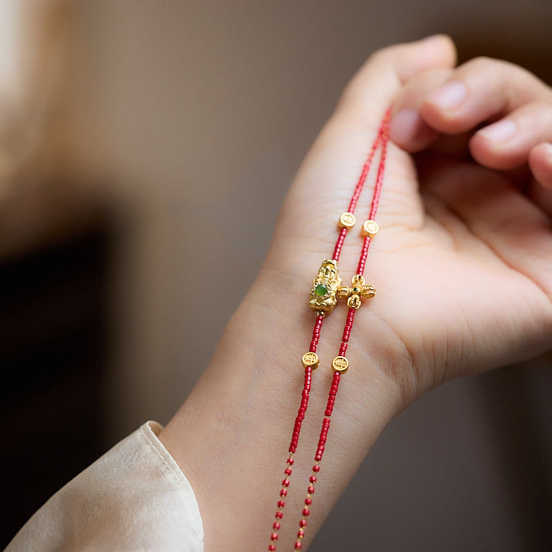 Buddha Stones 24k Gold Plated 925 Sterling Silver Liuli Glass Bead PiXiu Four Leaf Clover Joy And Happiness Wealth Bracelet