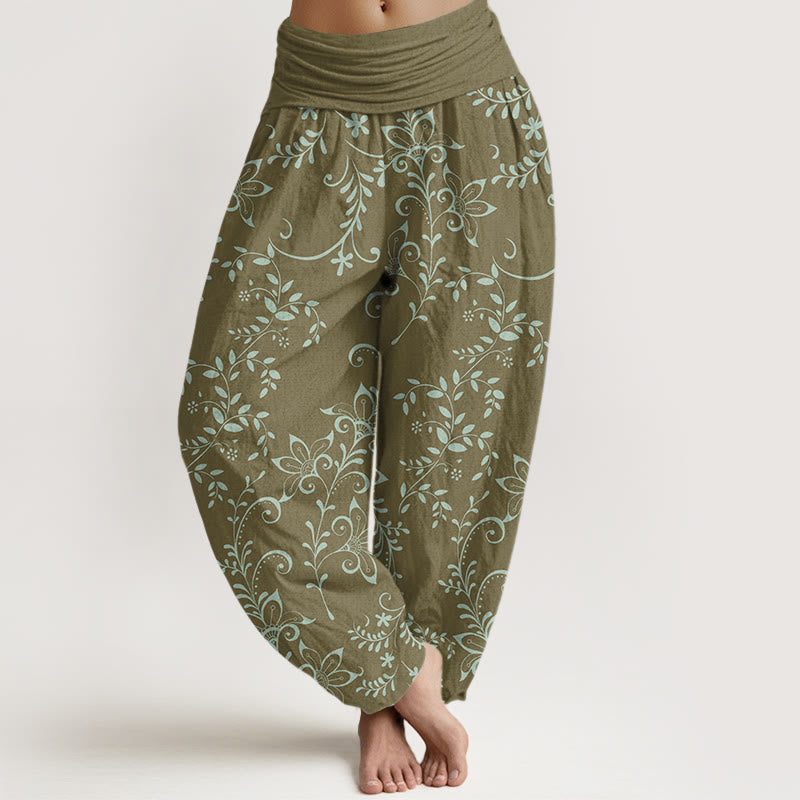 Buddha Stones Casual Flowers Vine Design Women's Elastic Waist Harem Pants