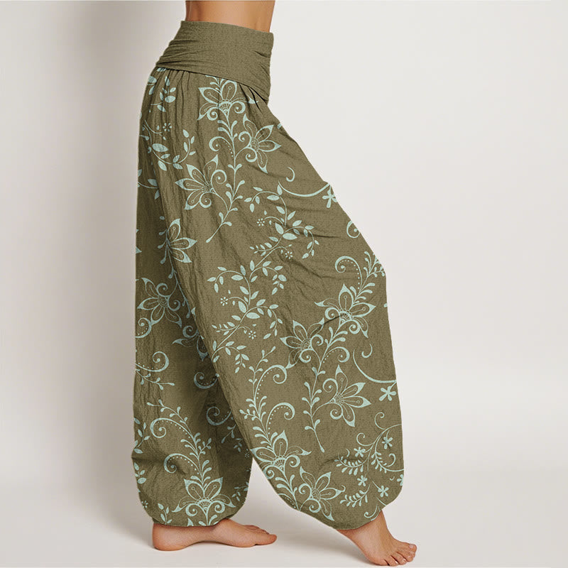 Buddha Stones Casual Flowers Vine Design Women's Elastic Waist Harem Pants