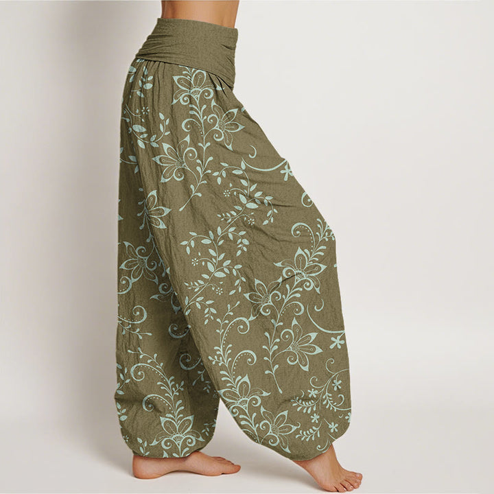 Buddha Stones Casual Flowers Vine Design Women's Elastic Waist Harem Pants