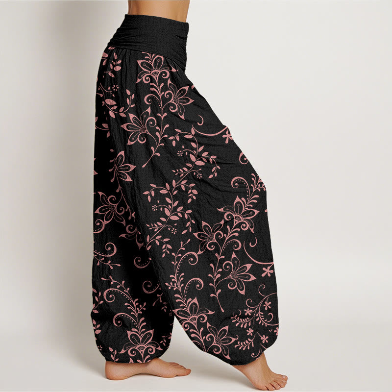 Buddha Stones Casual Flowers Vine Design Women's Elastic Waist Harem Pants