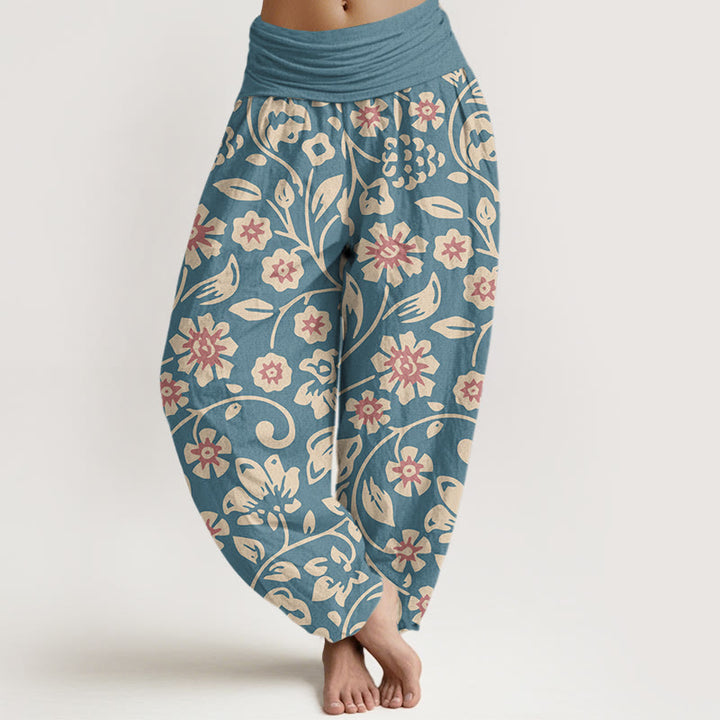 Buddha Stones Casual Beige Pink Flowers Grapes Design Women's Elastic Waist Harem Pants