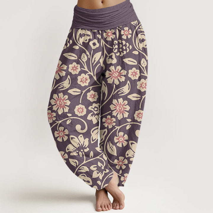 Buddha Stones Casual Beige Pink Flowers Grapes Design Women's Elastic Waist Harem Pants