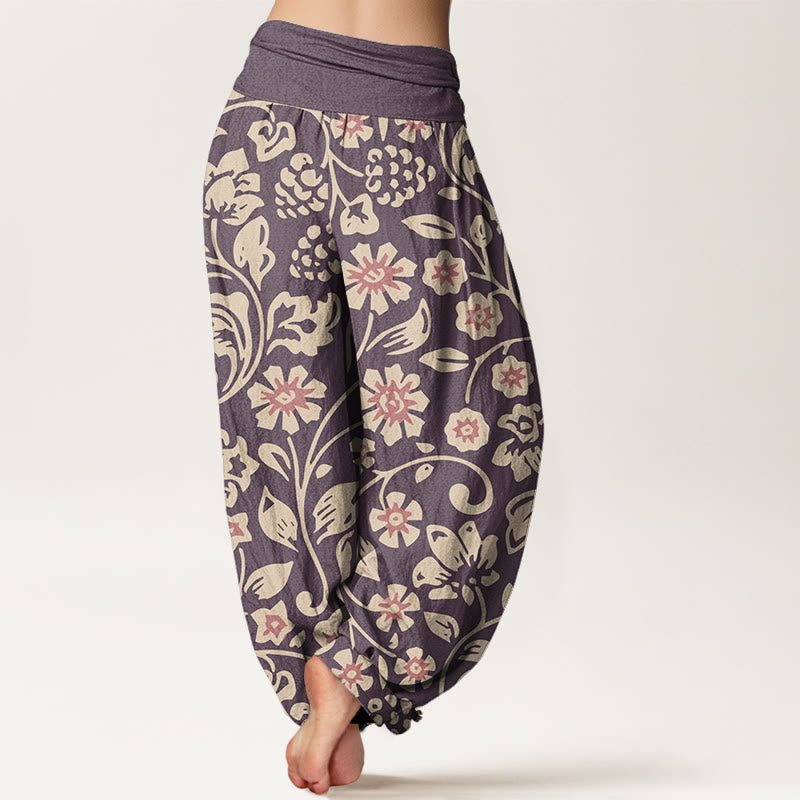 Buddha Stones Casual Beige Pink Flowers Grapes Design Women's Elastic Waist Harem Pants