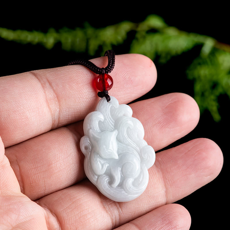 Buddha Stones Natural Jade Nine-tailed Fox Luck Necklace Pendant