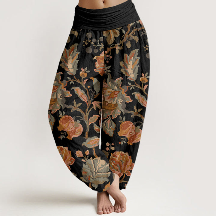 Buddha Stones Casual Blooming Flowers Buds Design Women's Elastic Waist Harem Pants - Black - US22，UK/AU26，EU54 (6XL) - image 0