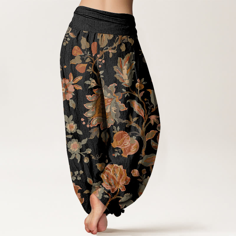 Buddha Stones Cotton Casual Blooming Flowers Buds Design Women's Elastic Waist Harem Pants - image 1
