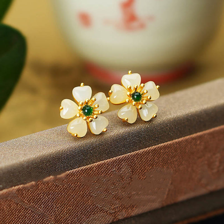 Buddha Stones 925 Sterling Silver Gold Hetian Jade Green Chalcedony Peach Blossom Luck Earrings