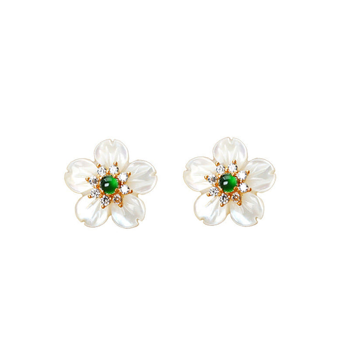 Buddha Stones 925 Sterling Silver Tridacna Stone Jade Flower Blessing Earrings - image 9