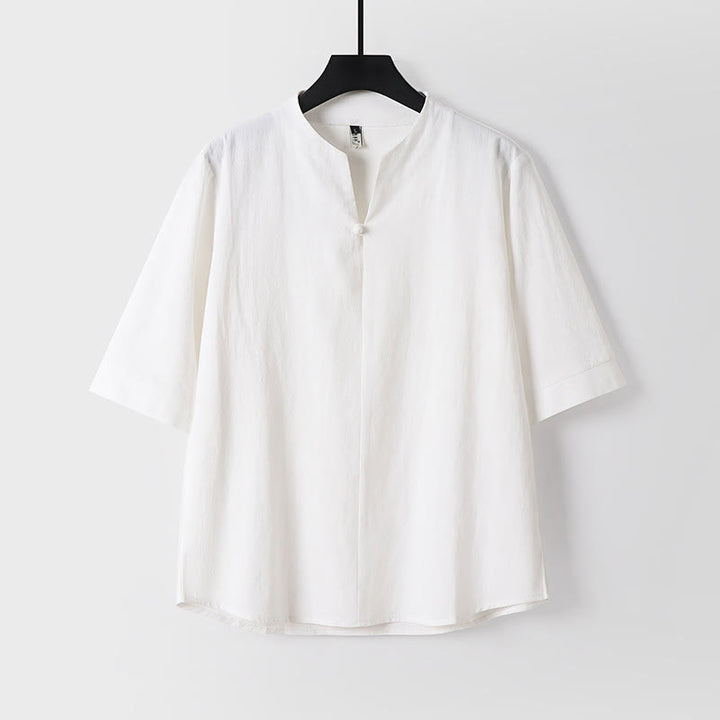 Buddha Stones Plain Color Three Quarter Sleeve One Button Cotton Linen Men's Shirt - White - US/UK/AU54，EU64 (9XL) - image 1