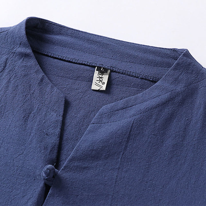 Buddha Stones Plain Color Three Quarter Sleeve One Button Cotton Linen Men's Shirt - image 8