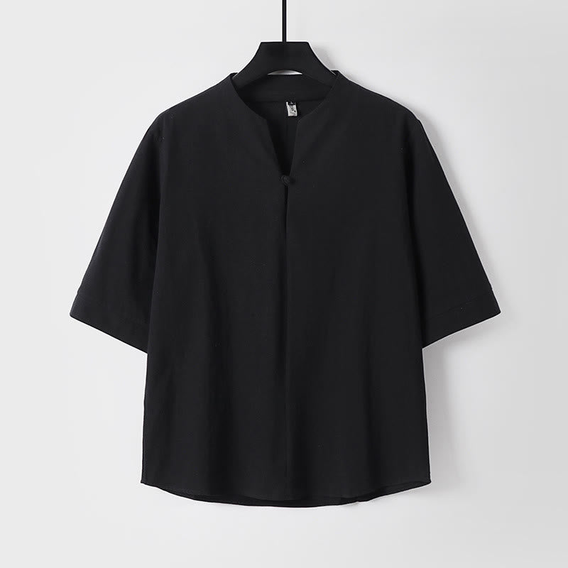 Buddha Stones Plain Color Three Quarter Sleeve One Button Men's Shirt - Black - US/UK/AU54，EU64 (9XL) - image 0
