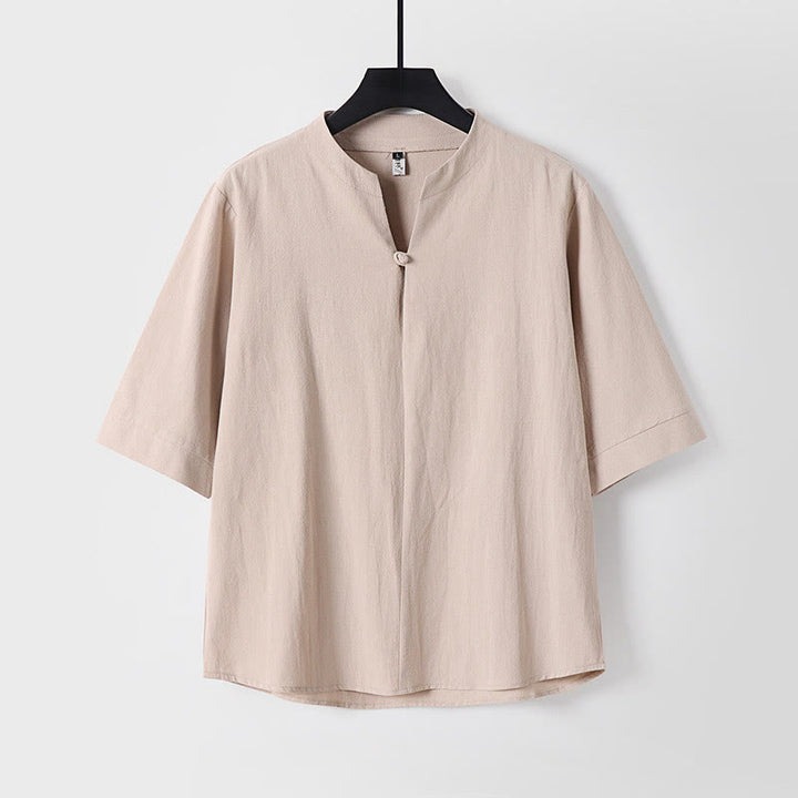 Buddha Stones Plain Color Three Quarter Sleeve One Button Cotton Linen Men's Shirt - Wheat - US/UK/AU54，EU64 (9XL) - image 3