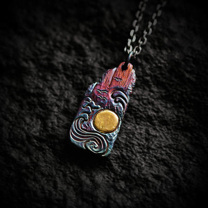 Buddha Stones 999 Sterling Silver 24k Gold Waves Sun Balance Necklace Pendant - 999 Sterling Silver & Titanium Steel Chain - image 0