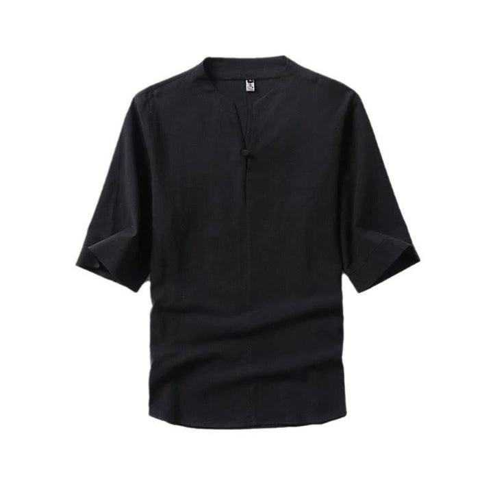 Buddha Stones Casual Plain Color One Button Three Quarter Sleeve Cotton Linen Men's Shirt - image 3