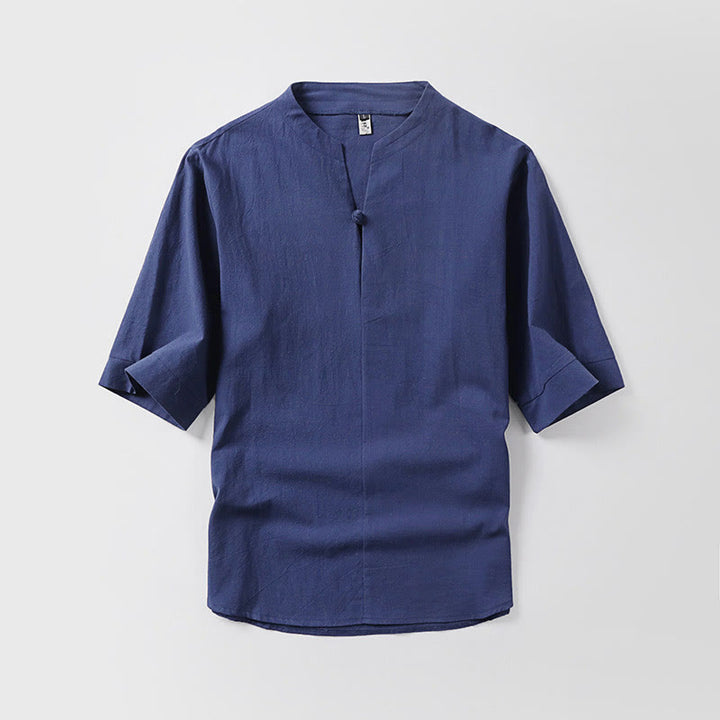 Buddha Stones Casual Plain Color One Button Three Quarter Sleeve Cotton Linen Men's Shirt - DarkBlue - US/UK/AU54，EU64 (9XL) - image 6