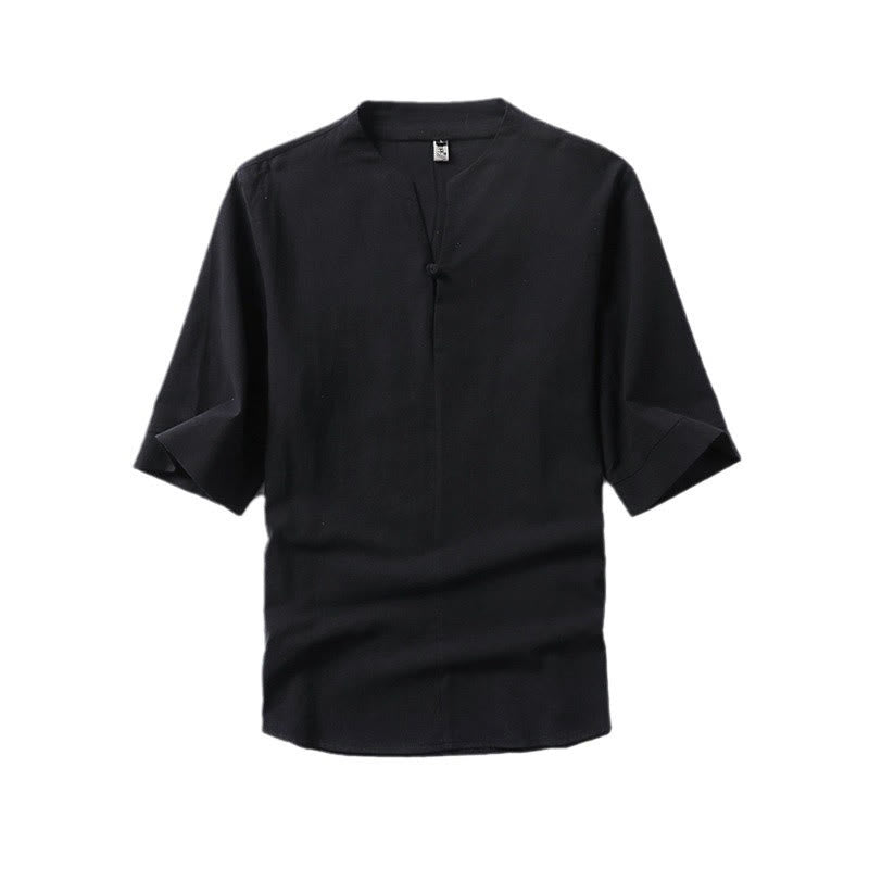 Buddha Stones Casual Plain Color One Button Three Quarter Sleeve Cotton Linen Men's Shirt