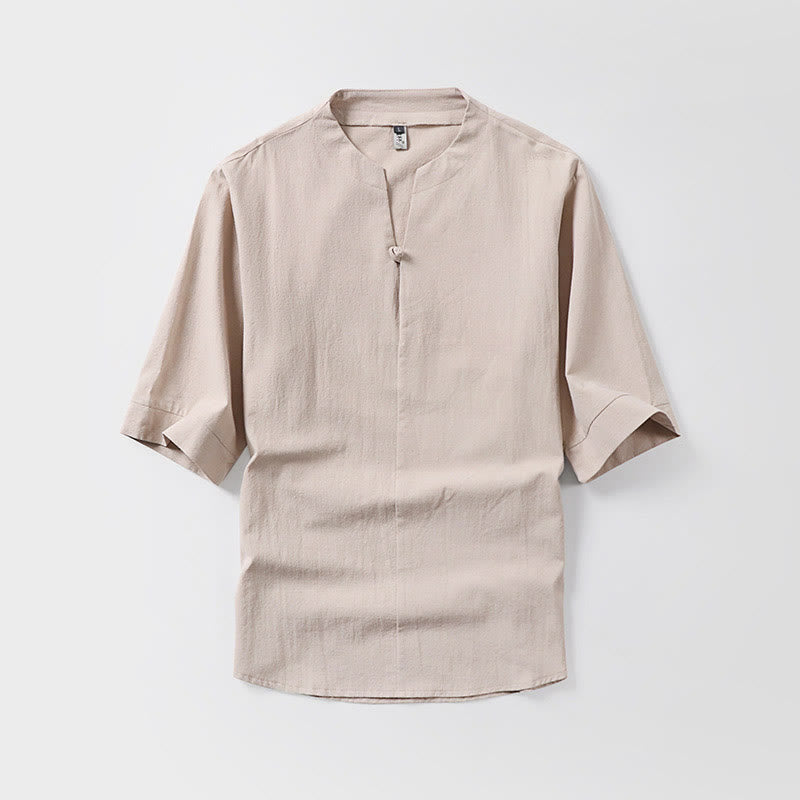 Buddha Stones Casual Plain Color One Button Three Quarter Sleeve Cotton Linen Men's Shirt - Wheat - US/UK/AU54，EU64 (9XL) - image 4